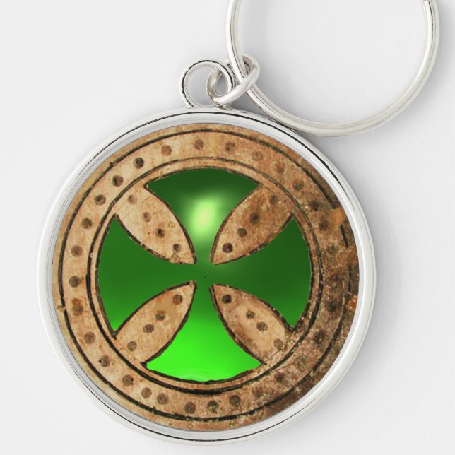 ANTIQUE TEMPLAR CROSS Green Emerald Gem Keychain (Front)
