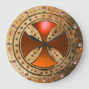 ANTIQUE TEMPLAR CROSS Orange Agate Gem Large Clock