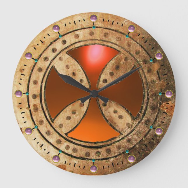 ANTIQUE TEMPLAR CROSS Orange Agate Gem Large Clock (Front)