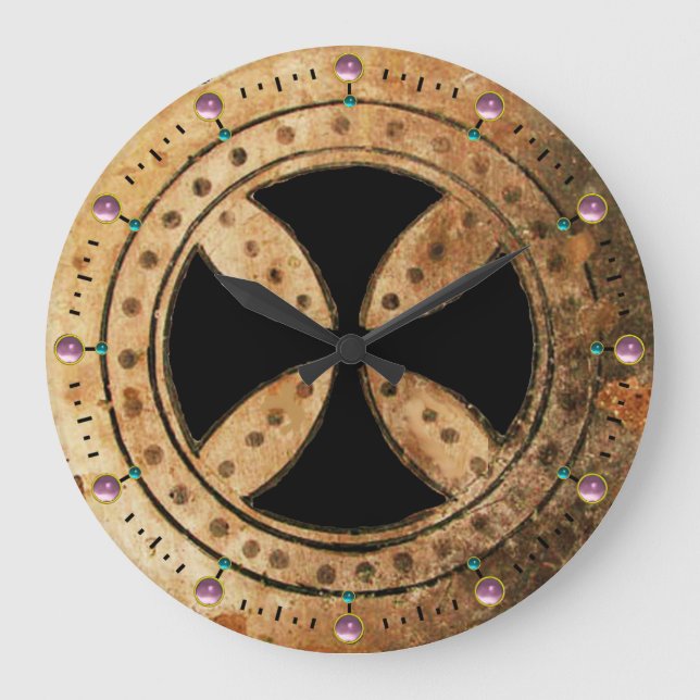 ANTIQUE TEMPLAR CROSS Pink Amethyst Gemstones Large Clock (Front)