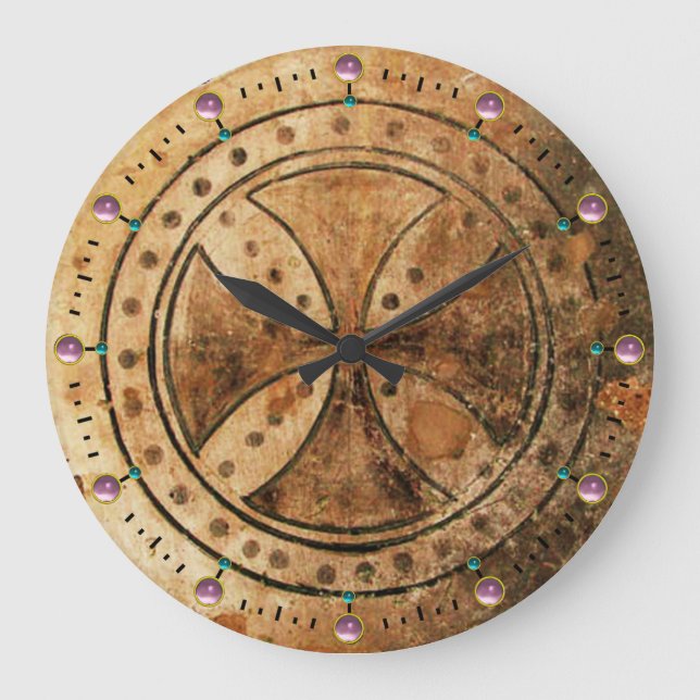 ANTIQUE TEMPLAR CROSS Pink Amethyst Gemstones Large Clock (Front)
