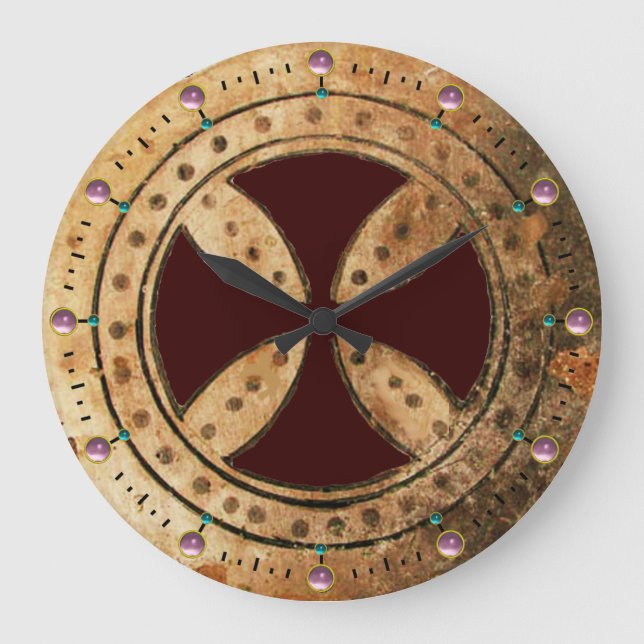 ANTIQUE TEMPLAR CROSS Pink Amethyst Gemstones Large Clock (Front)