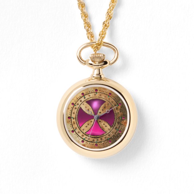 ANTIQUE TEMPLAR CROSS Pink Fuchsia Gem Watch (Front)