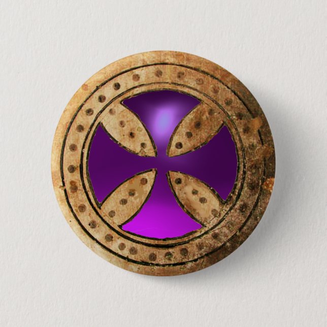 ANTIQUE TEMPLAR CROSS Purple Amethyst Gem 2 Inch Round Button (Front)