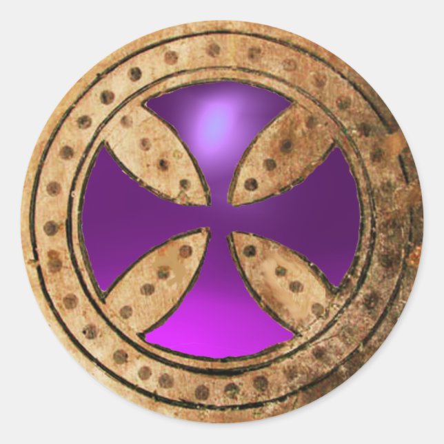 ANTIQUE TEMPLAR CROSS Purple Amethyst Gem Classic Round Sticker (Front)
