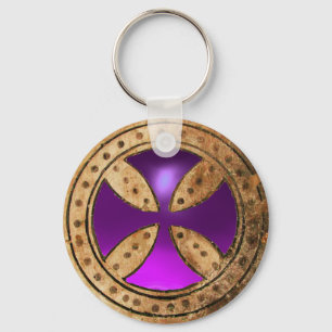ANTIQUE TEMPLAR CROSS Purple Amethyst Gem Keychain