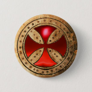 ANTIQUE TEMPLAR CROSS Red Ruby Gem 2 Inch Round Button