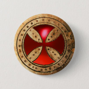 ANTIQUE TEMPLAR CROSS Red Ruby Gem 2 Inch Round Button