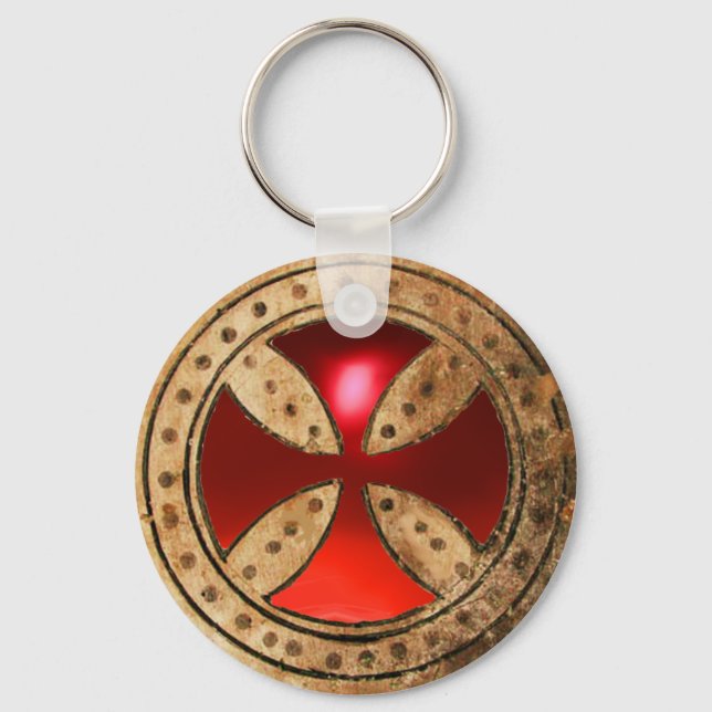ANTIQUE TEMPLAR CROSS Red Ruby Gem Keychain (Front)