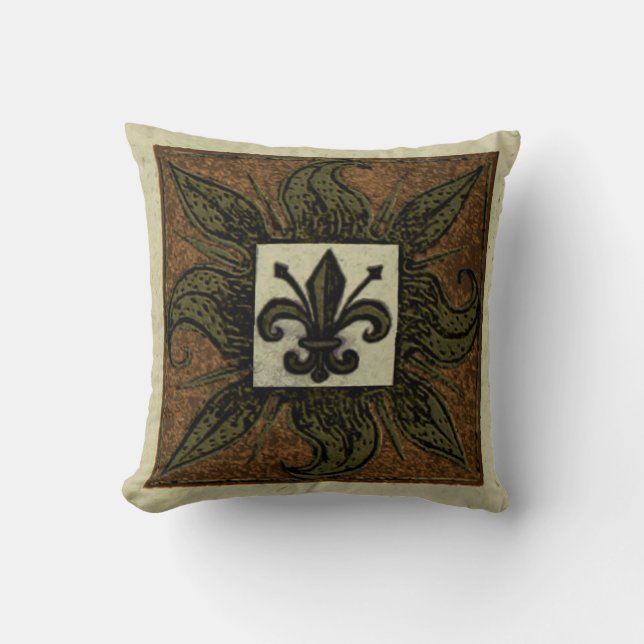 Antique Tiled Fleur de Lis Throw Pillow (Front)