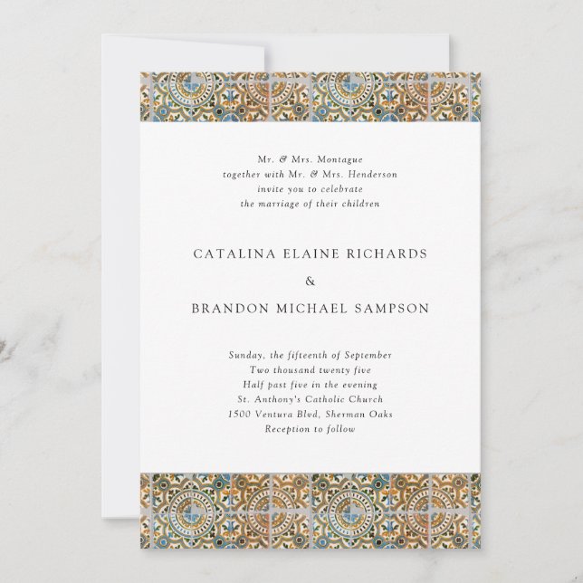 Antique Tiles Blue and Gold Wedding Invitation (Front)