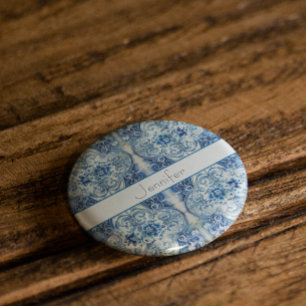 Antique Tiles in Delft Blue, customizable 2 Inch Square Button