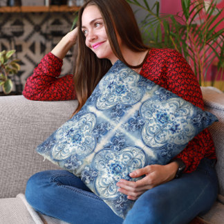 Antique Tiles in Delft Blue Throw Pillow