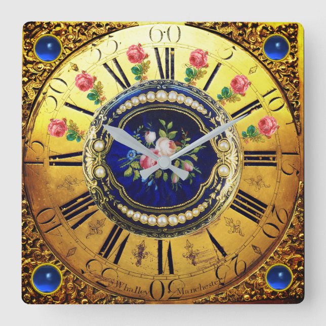 ANTIQUE TIME,PINK ROSES,PEARLS ,BLUE GEMSTONES SQUARE WALL CLOCK (Front)