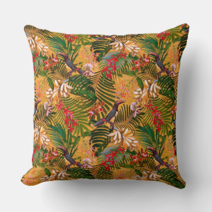 Antique Toucan Jungle Bird Pattern yellow Throw Pillow