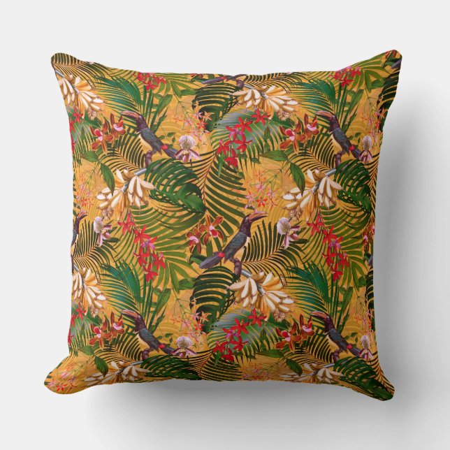 Antique Toucan Jungle Bird Pattern yellow Throw Pillow (Front)