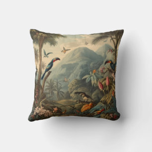Antique Toucan & Misty Jungle Botanical Throw Pillow