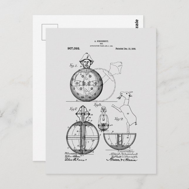 Antique Toy 1908 Roly Poly Patent Drawing Postcard (Front/Back)