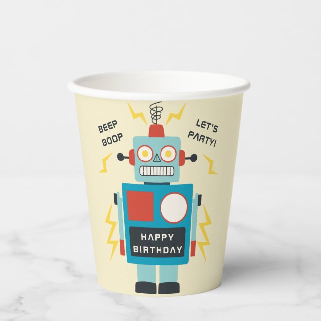 Antique Toy Robot Birthday Paper Cups (Front)