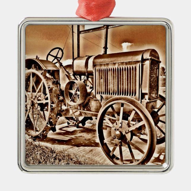 Antique Tractor Farm Equipment Classic Sepia Metal Ornament (Front)