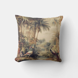 Antique Tropical Crane & Palm Botanical Art Throw Pillow