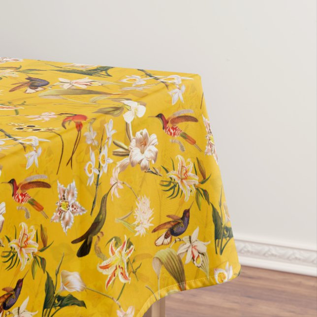 Antique Tropical Hummingbird Jungle Pattern Yellow Tablecloth (In Situ)