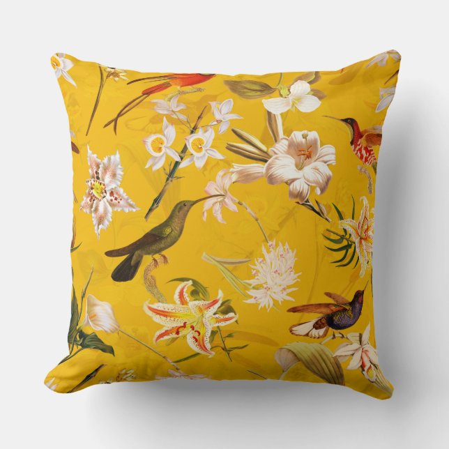 Antique Tropical Hummingbird Jungle Pattern Yellow Throw Pillow (Front)