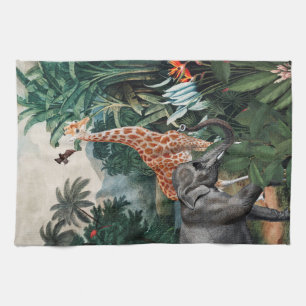 Antique Tropical Jungle With Animals Illustration Kitchen Towel