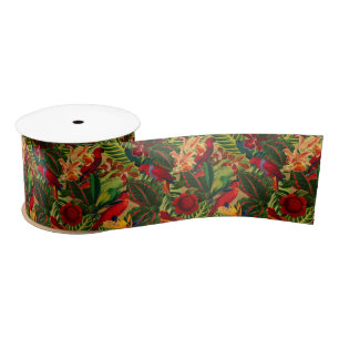 Antique Tropical Parrots Jungle Pattern Satin Ribbon
