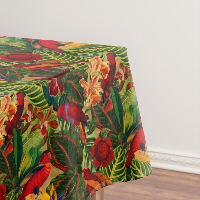 Antique Tropical Parrots Jungle Pattern Tablecloth (In Situ)