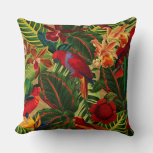 Antique Tropical Parrots Jungle Pattern Throw Pillow