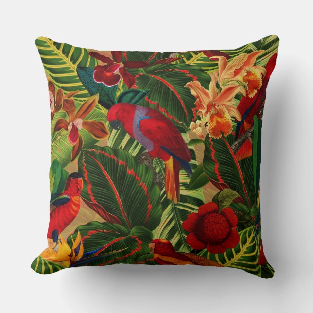 Antique Tropical Parrots Jungle Pattern Throw Pillow (Front)