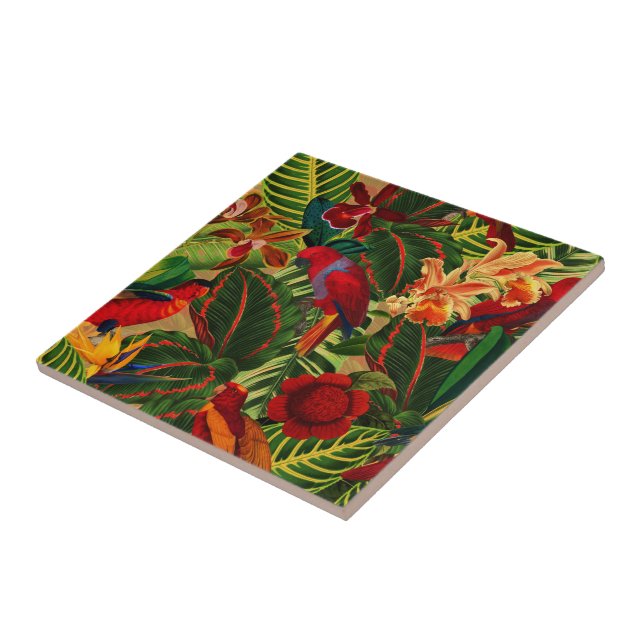 Antique Tropical Parrots Jungle Pattern Tile (Side)