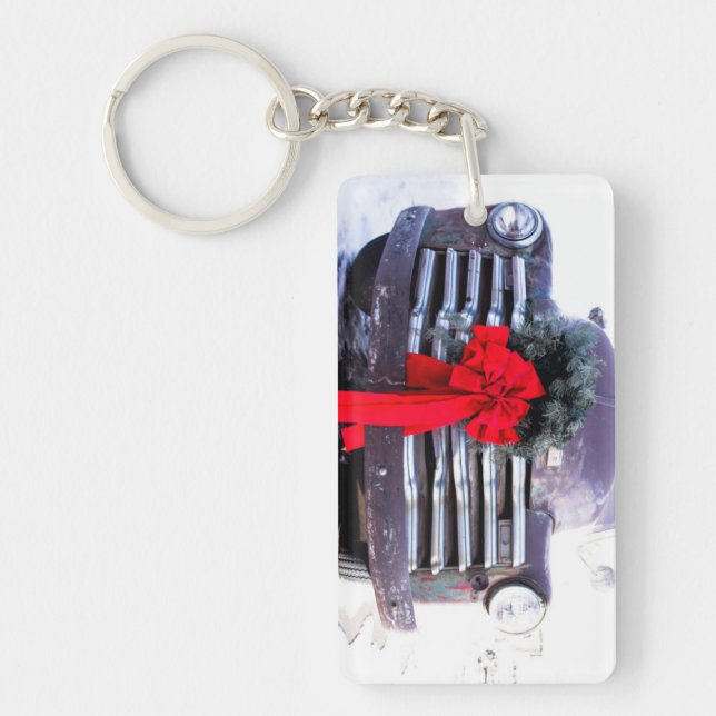 Antique Truck with Festive Christmas Wreath Keychain (Front)