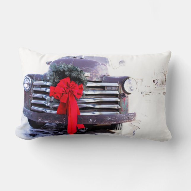 Antique Truck with Festive Christmas Wreath Lumbar Pillow (Front)