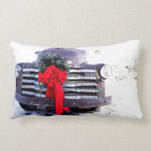 Antique Truck with Festive Christmas Wreath Lumbar Pillow