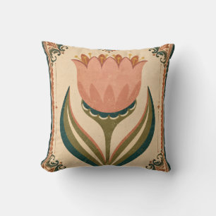 Antique Tulip Folk Art Illustration Vintage Style Throw Pillow