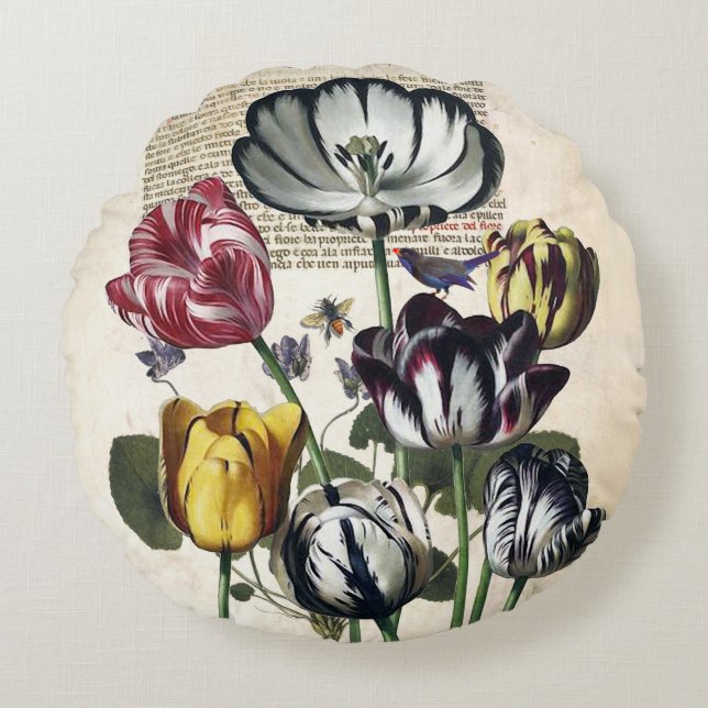 Antique Tulips Round Pillow (Front)