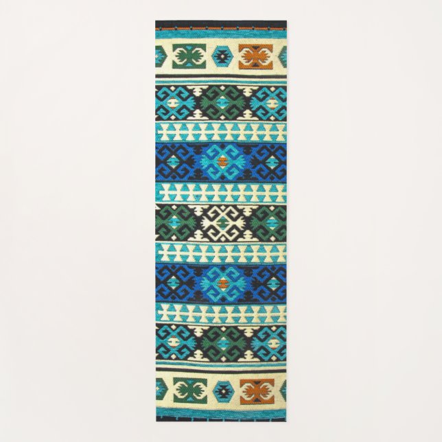 Antique Turkish Kilim Carpet Rug Blue Green Yoga Mat (Front)