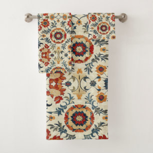 Antique Turkish Oriental Red Gold Kilim Floral Rug Bath Towel Set
