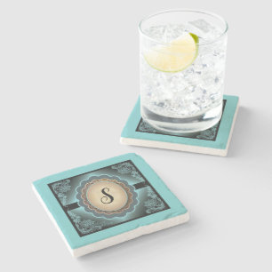 Antique Turquoise Lace Monogram Stone Coaster