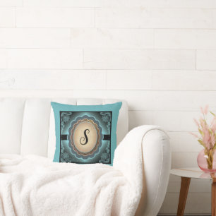 Antique Turquoise Lace Monogram Throw Pillow