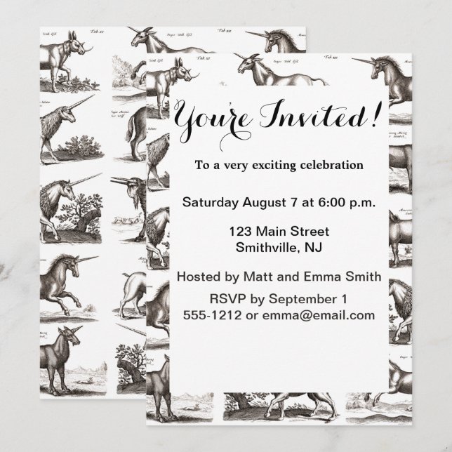 Antique Unicorn Engraving Vintage Zoology Specimen Invitation (Front/Back)