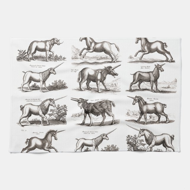 Antique Unicorn Engraving Vintage Zoology Specimen Kitchen Towel (Horizontal)