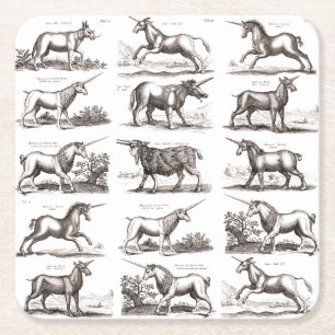 Antique Unicorn Engraving Vintage Zoology Specimen Square Paper Coaster