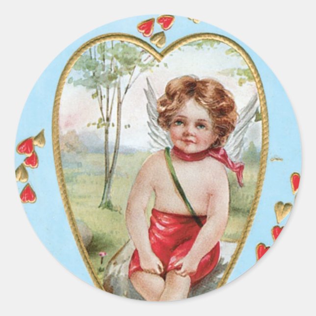 Antique Valentine Angel(Cupid) Heart Classic Round Sticker (Front)