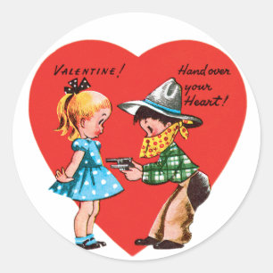 Antique Valentine Boy & Girl Heart Classic Round Sticker
