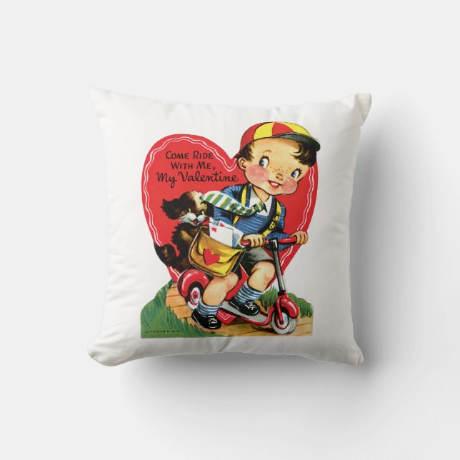 Antique Valentine Boy with Puppy Throw Pillow (Front)