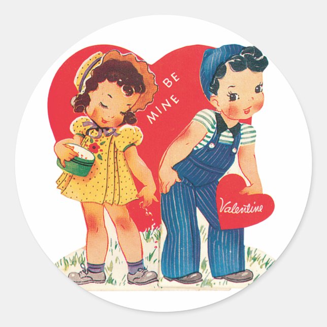 Antique Valentine Couple Heart Classic Round Sticker (Front)