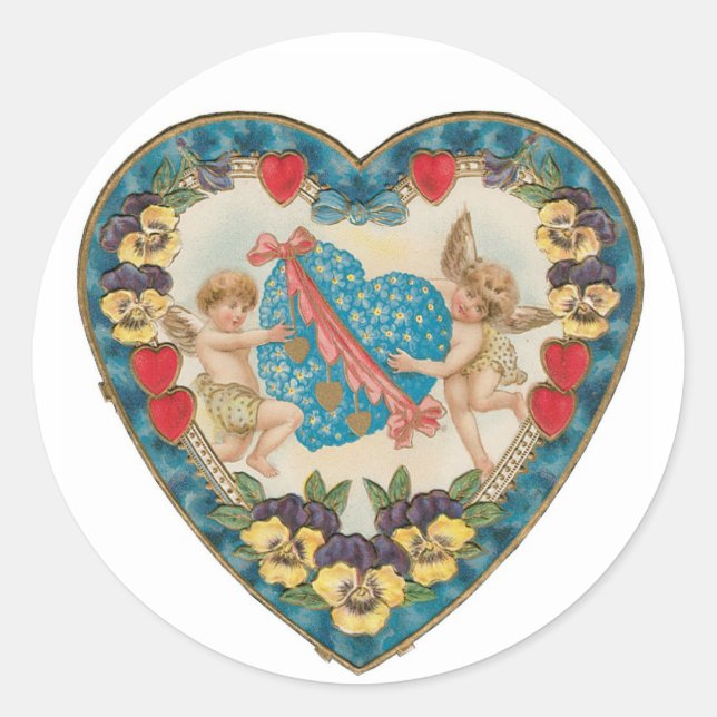 Antique Valentine Cupid Heart Classic Round Sticker (Front)
